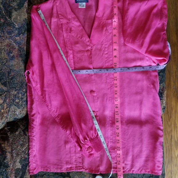Silk, vintage 80s, open neck blouse, M, S, 10, front pleats, rose pink, The Bay - Picture 4 of 7